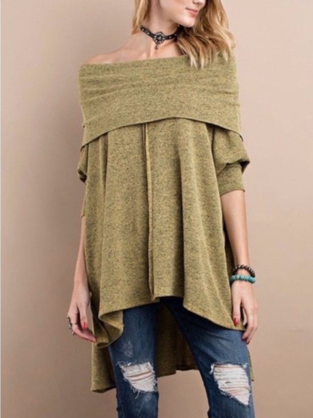 Easel Off-Shoulder Olive Green Women's Sweater Tunic